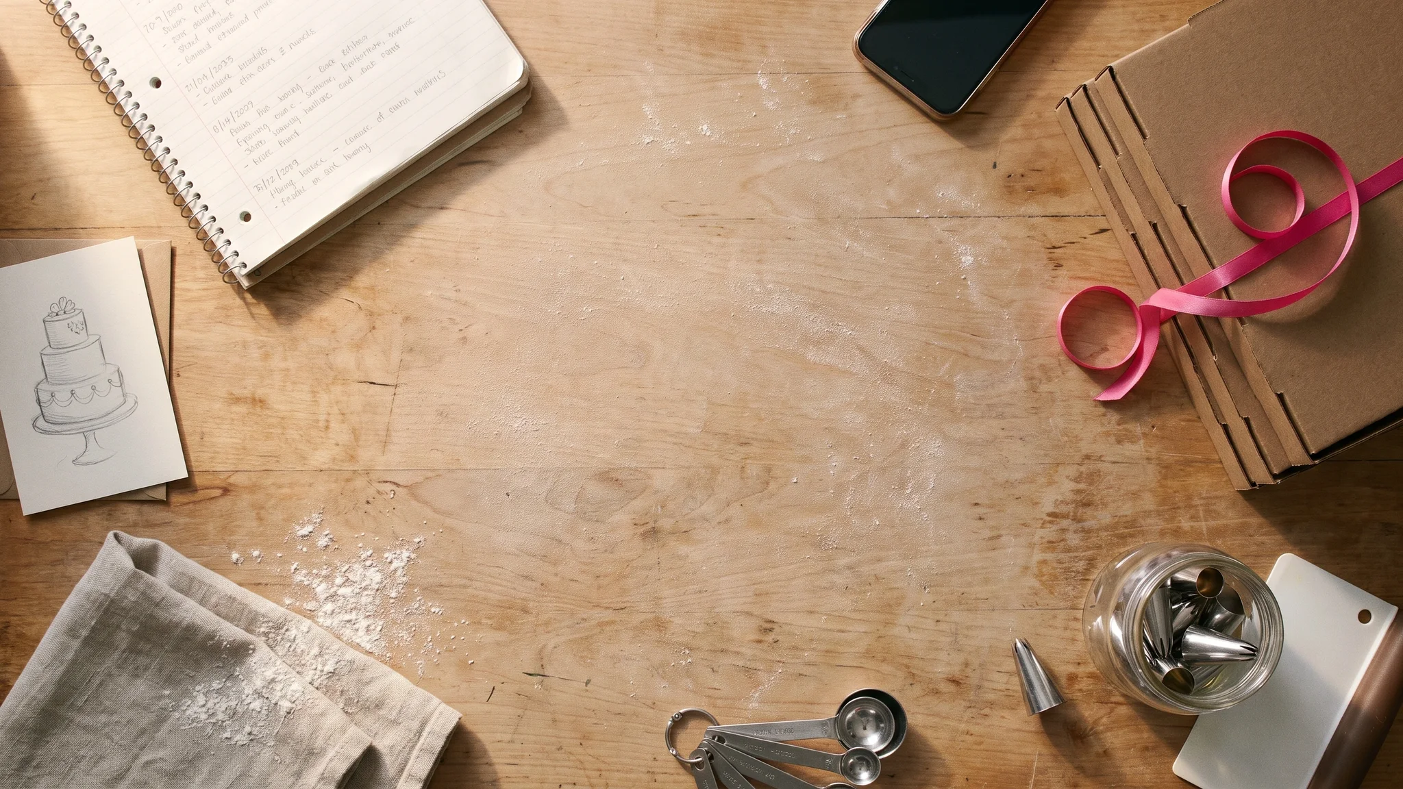 A spiral order notebook open on a floured wooden table, beside a phone lying face down, flat-packed cake boxes tied with pink ribbon, a jar of piping tips, a pencil sketch of a tiered cake and a folded tea towel.